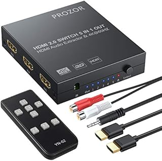 PROZOR HDMI Audio Extractor 4K 60HZ 3D YUV 4:4:4 5 Ports HDMI 2.0 Switch with Optical Toslink SPDIF and 3.5mm Jack Output for Blu-ray DVD etc