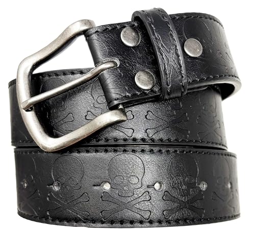 Skull and Bones Leather Belt Strap and Metal Buckle 1.5