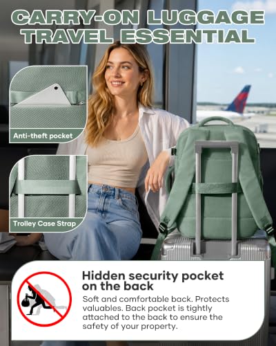 Image of suradar Travel Backpack for Women Men, Carry On Backpack Flight Approved Personal Item Travel Bag Laptop Backpack Waterproof Weekender Essentials Hiking Rucksack Casual Daypack Green