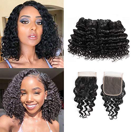 Brazilian Deep Wave 4 Bundles With Closure Deep Virgin Human Curly Hair Weave 4 Bundles With 4X4 Free Part Closure Natural Black(10/10/10/10+10)