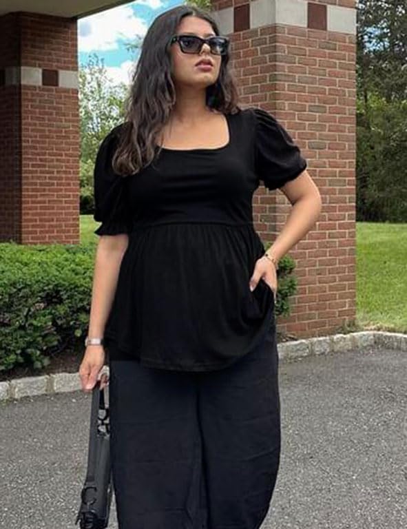 Women's Puff Sleeve Peplum Tunic Tops Casual Square Neck Flowy Blouse Floral Print Lace Shirt2