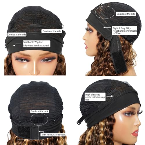 Image of Punmasa Headband Wig Human Hair Deep Wave 4 /27 Human Hair Headband wigs for women Glueless None Lace Front Wig Machine Made 150% Density headband wig human hair with Headbands (14Inch)