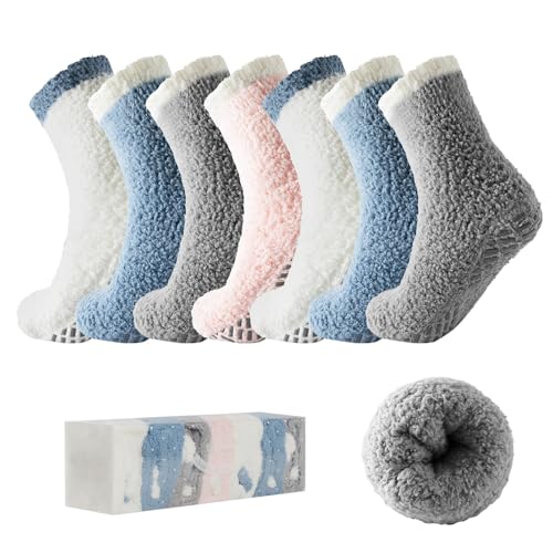 Image of Bulinlulu Fuzzy Socks with Grips Plush Sleep Cozy Winter Soft Hospital Fluffy Socks for Womens Mens Gifts