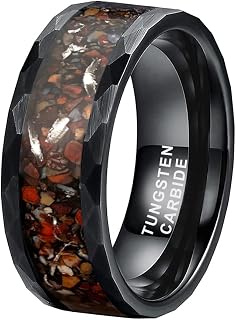 8mm Silver/Black Hammered Tungsten Rings for Men Women Engagement Wedding Bands Dinosaur Bone Meteorite Chip Inlay Matte Comfort Fit