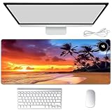 Heated Mouse Pad Hand Warmer, Warm Desk Pad Mousepad Desk Mat with 3 Levels Heating and Auto Shut Down 31.5 x 13 inch PU Leather Warmer Keyboard Mat for Gaming Laptop Office Home, Sunset Beach