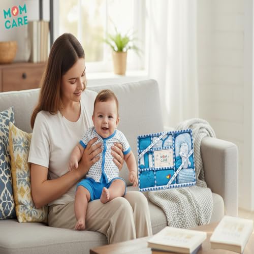 Image of MOM CARE Newborn Baby Gift Set (11 Pieces) | 100% Cotton Baby Clothing Set | 0-3 Months | Baby Shower & Welcome Gift Box Light Blue