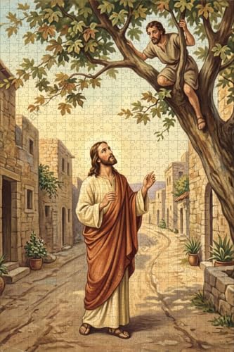 Jesus Calling Zacchaeus in The Sycamore Tree Vintage Religious Art Wooden Jigsaw Puzzle 1000 Pieces for Adults Bible Story Scene Christian Home Decor Faith Based Gift for Believers