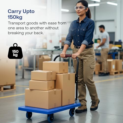 Image of BonKaso 300Kg Heavy-Duty Foldable Platform Trolley | Plastic Hand Truck with 4 Wheels & Cushioned Grip Handle | Durable Material Cart for Home, Office, Warehouse & Industrial Use (90x60x86cm, Blue)