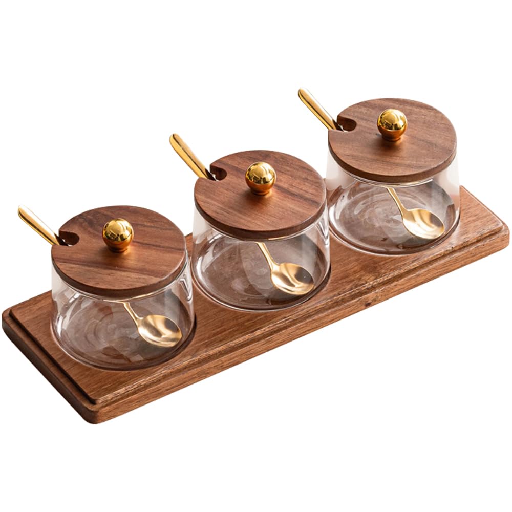 Condiment Containers Set with Acacia Wood Lids and Tray Seasoning Box Condiment Pots Jars with Spoons for Spice Salt Sugar Cruet (Gold Top, 3 Jars with Tray) — image 1