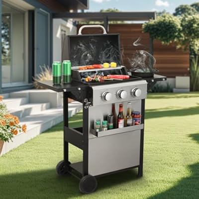 3-Burner Propane Gas BBQ Grill - Stainless Steel 30,000 BTU Patio Garden Barbecue Grill with Two Foldable Shelves