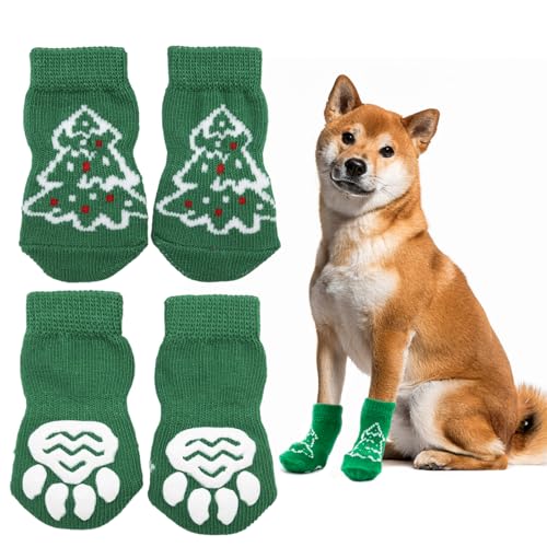 Pets Family(ペッツファミリー) 犬 靴下 滑り止め 犬用 ソックス 脱げにくい かわいい 柔らかい コットン 室内 肉球保護 舐め防止 ケガ予防 防寒 小中大型犬 ペット用靴下 ペット用品 4枚セット (L, ツリー)