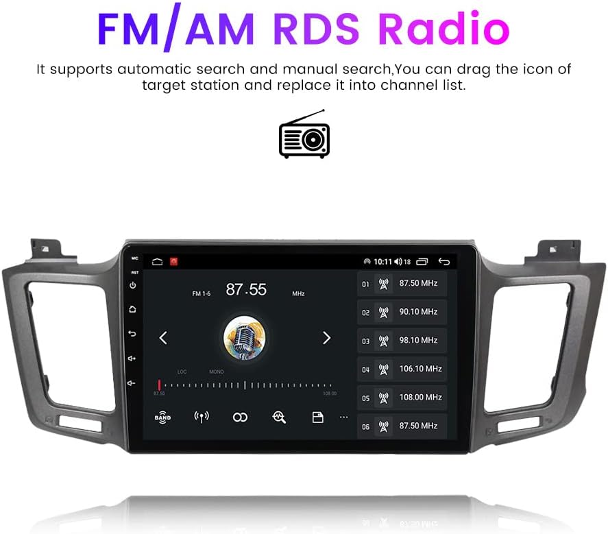 Screenshot of the Biorunn car stereo displaying the FM/AM radio interface with station presets