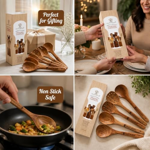Image of Wooden Spatualas & Ladles Set of 6 | Sheesham Wood Utensils for Cooking | Non-Stick Cookware Safe | Wooden Spoon Set | Handmade Kitchen Tools | Heat Resistant | Made in India