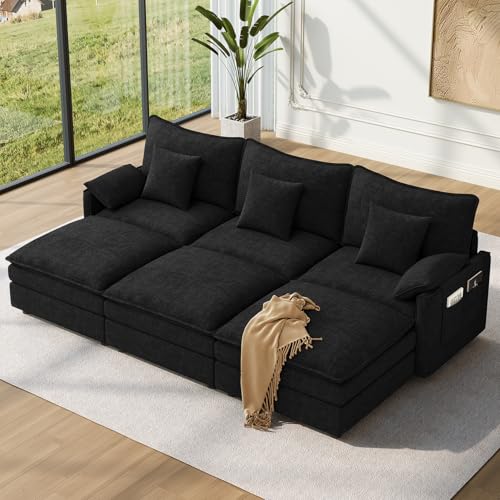 Image of Vesgantti 108 inch Sectional Sleeper Sofa, 6-Seater Oversized Modular Cloud Couch with Movable Ottoman, Chenille Large Sofa Bed Convertible Deep Seat Couches for Living Room, Bedroom and Apartment, Black