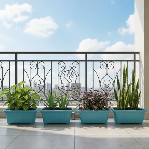 Image of Bianco Rectangular Plastic Pots for Plants, Jupiter Flower Pots for Home, Window Display, Garden (35 x 18.5 x 15 cm) (Blue) (Pack of 4)