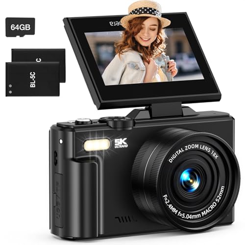 Appareil photo numérique 5K pour photographie, caméra de vlogging Wi-Fi 75 MP pour YouTube avec écran rabattable de 3 pouces à 180 °, caméra vidéo UHD autofocus avec zoom 18x, caméra de voyage