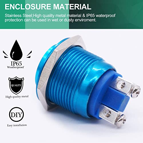 Twidec JND-M-19-BU-G 19Mm Waterproof Blue Metal Shell Momentary Raised Top Push Button Switch 3A/12 thumb #1