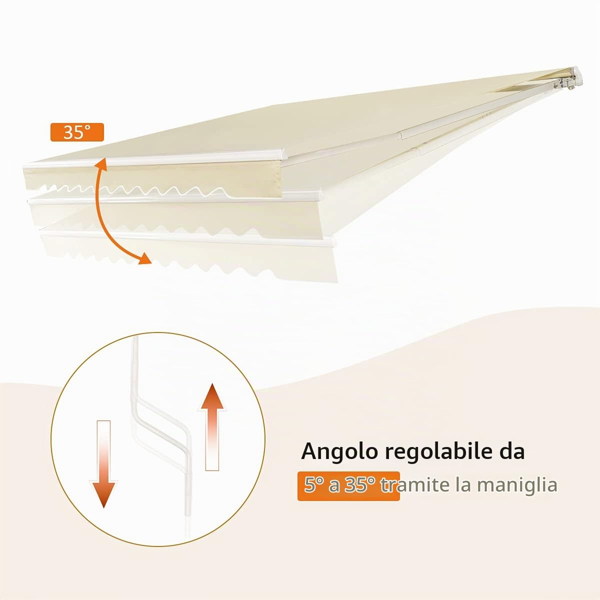 GYMAX Tenda da Sole per Esterno a Bracci Estensibili, Tende da Sole con Manovella, con Tettuccio Impermeabile e Protezione Solare, Tenda da Sole Angolo regolabile Avvolgibile (Beige, 3 m x 2,5 m)