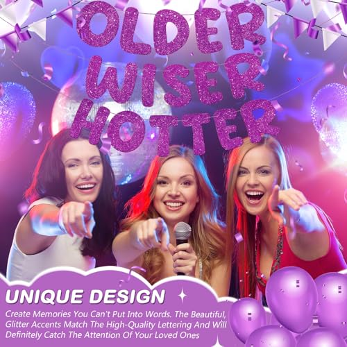 Image of Fulmoon Set of 3 Pre Strung Older Wiser Hotter Glitter Banner Funny Birthday Banner for Women 30th 40th 50th 60th 70th 80th Birthday Party Decorations Sign Gift(Purple)