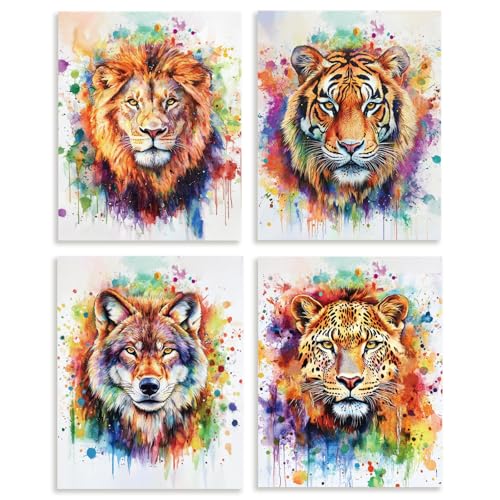 DOODLREAM Lot de 4 toiles murales imperméables sans cadre colorées pour salon, chambre à coucher, bureau - Motif lion tigre et loup - 20,3 x 25,4 cm