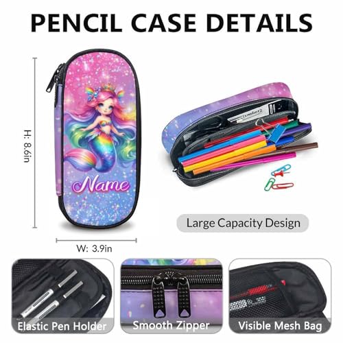 Custom School Backpacks for Girls, Personalized Set of 3 Mermaid Backpack for Toddlers Kids, Large Capacity Bookbag with Lunchbox and Pencil Case Supplies for Kindergarten Elementary Travel4