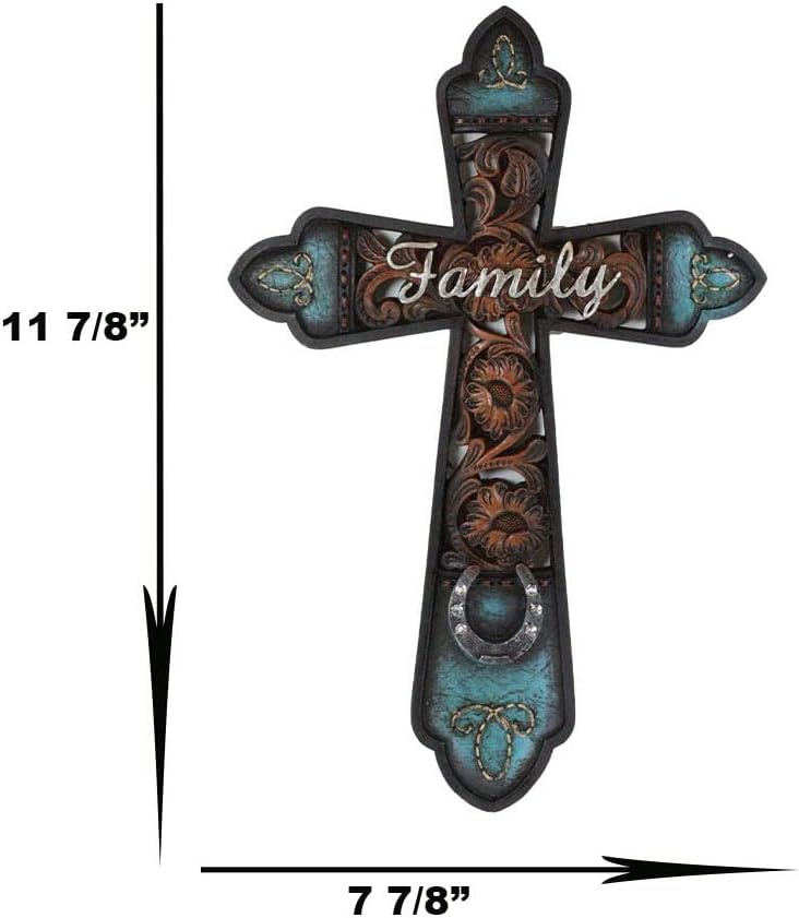 Ebros Gift Rustic Southwest 'Family' Tuscan Fleur De Lis Emblems Turquoise Floral Scrollwork And Horseshoe Wall Cross Decor Plaque French Royalty Accent Christian Decorative Crosses