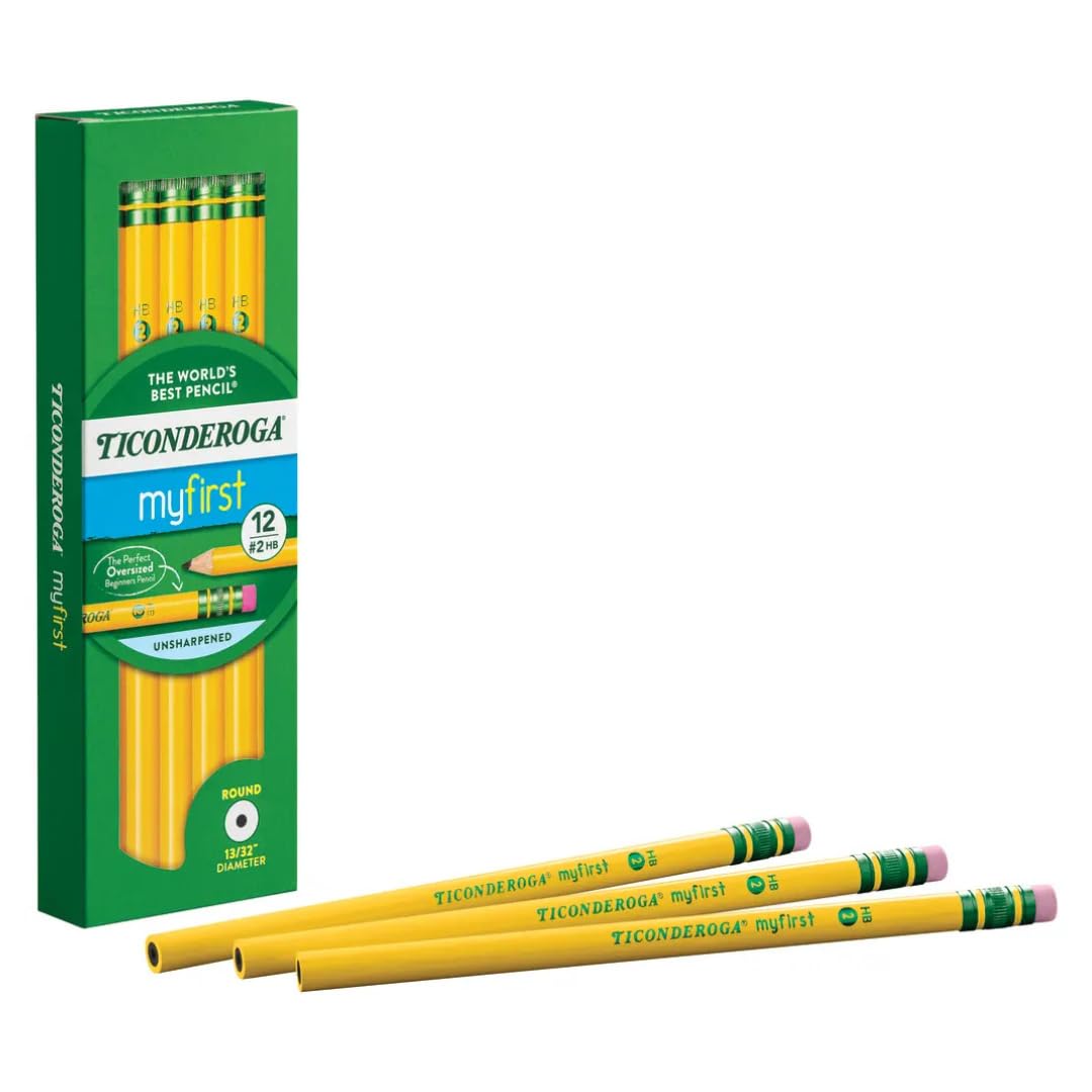 Ticonderoga Paquete de 2 lápices de primaria para principiantes, con borrador, 2 minas, barril amarillo, paquete de 12