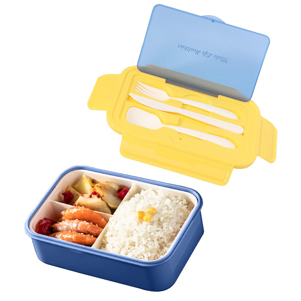 Bento Boxes for Kids Adults,Safe Bento Box with Spoon, Fork & Knife,3 Compartment Lunch Box,Leak-Proof for On-the-Go Meal,Square Microwave Safe Lunch Container Dishwasher Safe