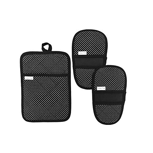 Cuchina Safe Heat Resistant Oven Mini Mitts with Pot Holder Pouch - 3 Piece Set (Black)