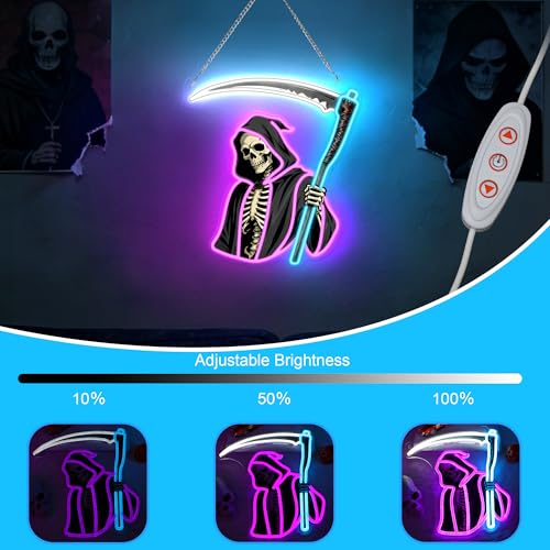 Image of Ammonite Grim Reaper Neon Sign, LED Death Scythe Night Light for Room Wall Table Decor Art, Home Party Birthday Halloween Xmas Birthday Gift for Kids Teens Adults