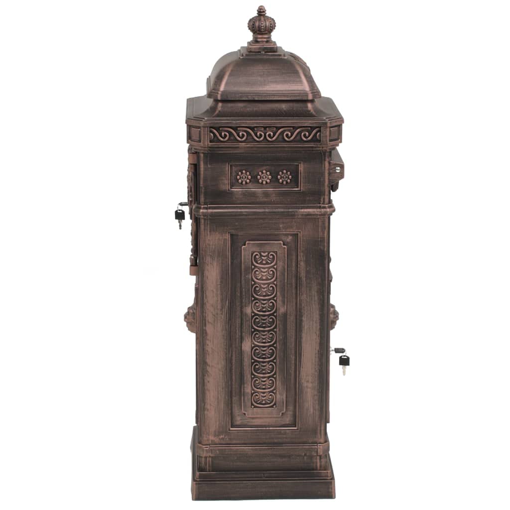 Skrzynka na listy kolumnowa z odlewu aluminiowego, stojąca skrzynka na listy w stylu vintage, nostalgiczna skrzynka na listy z przegródką na gazety i 2 przegródkami, brąz