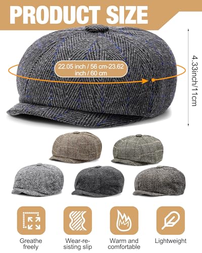 Image of Suhine 6 Pcs Newsboy Cap for Men Octagonal Hat 8 Panel Wool Blend Beret Flat Tweed Adjustable 22 to 24 Inch