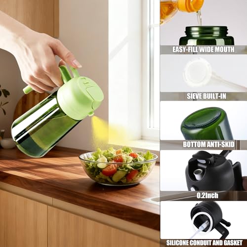 Image of Olive Oil Sprayer & Dispenser Bottle for Cooking 16oz Dark Glass Oil Mister | 2-in-1 Oil Sprayer & Pourer, Fine mist, Light-Blocking, Wide Mouth for Easy Refill & Clean, 8 Oil Labels, Reusable