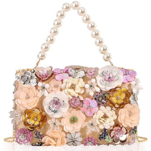 DEXMAY Bolsa clutch feminina elegante floral com contas e 2 alças destacáveis, bolsa de mão com flores 3D para casamento, festa, formatura, Cetim-dourado, Medium