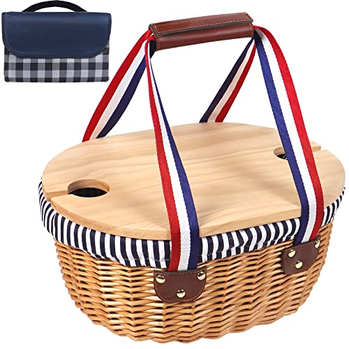 Picnic Basket,Wicker Picnic Basket for 4 Person with Wooden Split Lid Picnic Mat, Picnic Set for Picnic...