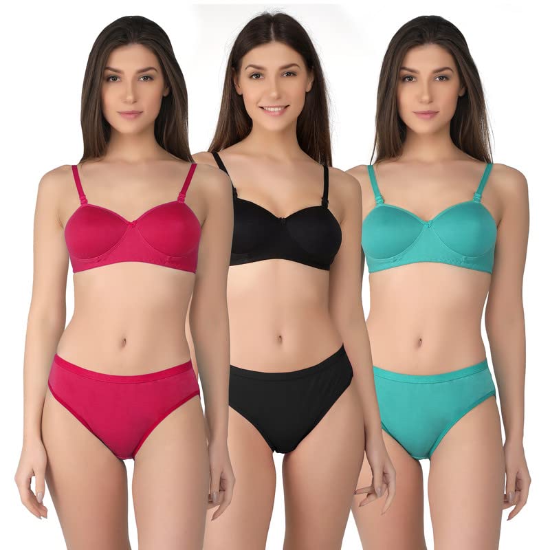 FUNAHMEWomen's Cotton Lightly Half Cup Padded Non-Wired Reagular Bra Panty Set(Pack of 3)