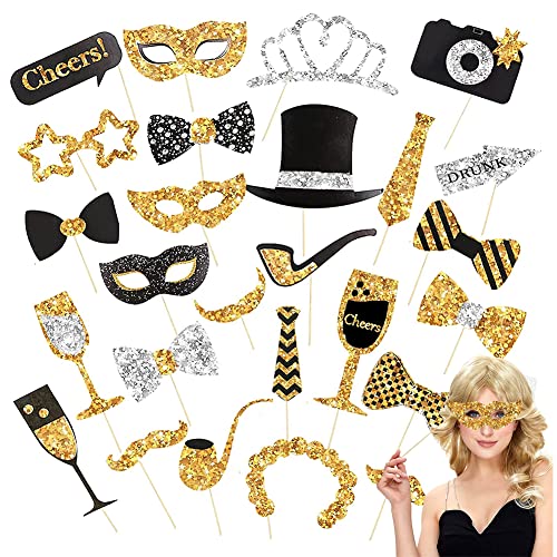 31 Foto Props de Fiesta Accesorios de Cabina de Foto Mezcla de Sombreros,Accesorios Photocall, Photo Booth Props,Lápiz Labial, Corbata, Coronas y Más para Fiesta de Variedades Cumpleaños Boda (Oro) Cover
