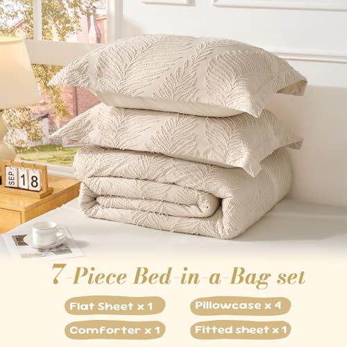 Image of 7 Pieces Tufted Boho Comforter Set Leaves Floral Khaki Farmhouse Shabby Chic Embroidered Bedding for All Seasons Full Size with Comforter Sheets Pillowcases Shams