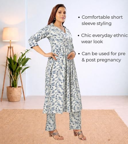 Image of Momenta Women's Pure Cotton Maternity Kurta Set | Feeding Kurti with Concealed Zippers | Maternity Dress for Pre & Post Pregnancy