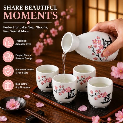Image of Melbify Japanese Sake Flower Blossom Design Set | 1 Pc Sake Bottle(180 ml) & 4 Pc Sake Cup(45 ml) | Traditional Craftsmen's Hand Painted Design | Sake Serving Set | House Warming Gift | Anniversary