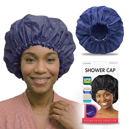 DONNA Super Jumbo Shower Cap – Comfortable Elastic Band, 100% Waterproof Hair Cap for Long Hair, Braids & Thick Styles, Reusable Big Shower Cap for Women, Keeps Hair Dry & Protected, NAVY