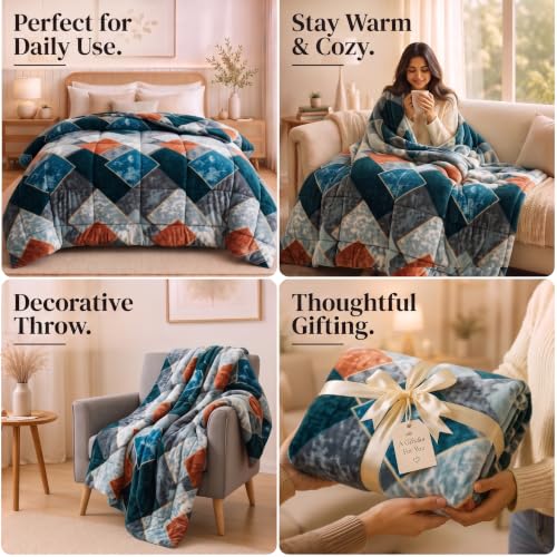 Image of SANMARINO Luxury Flannel Quilted Comforter for Double Bed | Ultra Soft Plush Razai with Modern Geometric Design | Fuffly, Cozy All Season Blanket for Mild & Heavy Winter |220x230 cm,Navy Blue & Rust