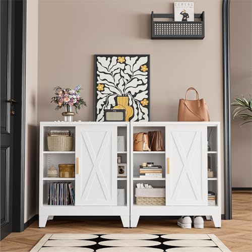 Image of COFaR White 37 inch H Sliding Door Storage Cabinet, Half Open Half Closed Design, 3-Tier Kitchen Organizer with Adjustable Shelves, 150 lbs Top, Metal Coffee Bar & Buffet Sideboard for Dining Room
