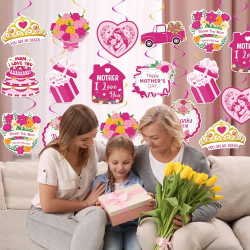 Image of 40Pcs Mother's Day Decorations Hanging Swirls, Double Sided Mother's Day Hanging Decorations Best Mom Ever Ceiling Hanging Foil Swirls for Mothers Day Party Decor