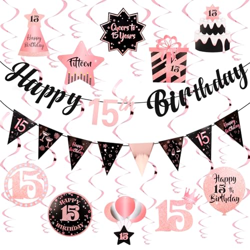 Image of 15th Birthday Decorations for Girls Rose Gold Pink Pre Strung Happy 15th Birthday Banner and Hanging Swirls 15 Year Old Party Decorations Supplies