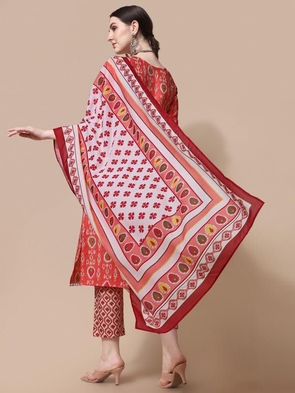 Image of NAINVISH Cotton Blend Kurti Pant & Dupatta | Orange Kurta Set for Women | Women Kurta Pant Dupatta Set | Kurta Pant with Dupatta Set | Printed Kurta Pant Dupatta Set