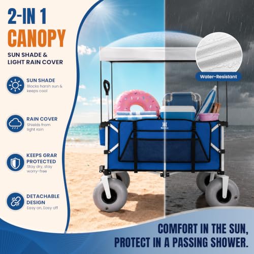Image of Navatiee Beach Wagon with Big Balloon Wheels for Sand, 200L Extra Large Beach Cart with Canopy, 440Lbs Heavy Duty Folding Wagon Collapsible with 9 inch Tires & Side Pocket for Beach, Outdoor, Blue