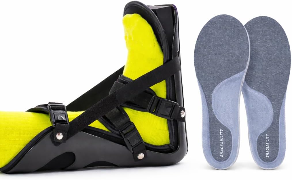 BraceAbility Plantar Fasciitis Day and Night Relief Bundle - Heavy-Duty Arch Support Orthotic Insoles and Night Stretch Boot for Heel Spurs, Achilles Tendonitis and Foot Pain Support (Medium)