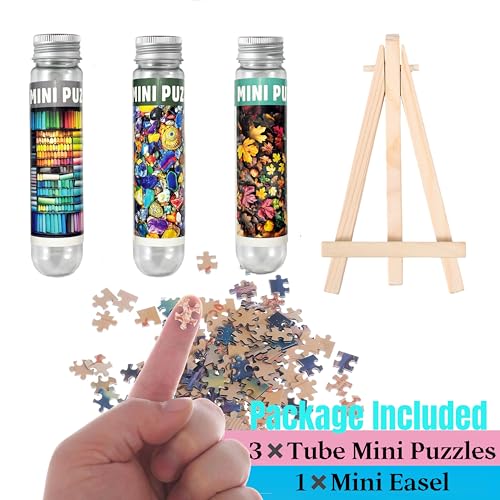 Puzzles pequeños para adultos 150 piezas Mini puzzles desafiantes coloridos hoja y crayón 6 x 4 pulgadas, 3 piezas, caballete mini incluido miniatura 6
