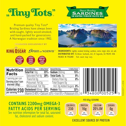 Image of King Oscar Wild Caught Brisling Sardines Tiny Tots Extra Virgin Olive Oil, 45 Oz, Pack of 12